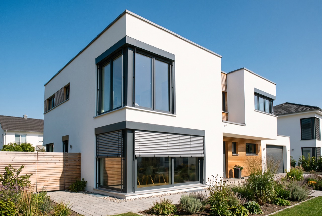 Fenster mit außenliegendem Sonnenschutz an moderner Fassade