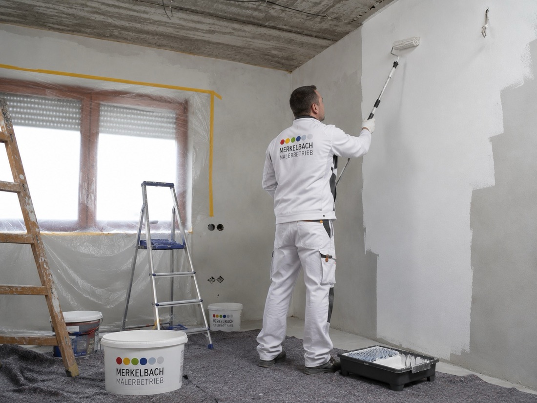Maler der Merkelbach Gruppe streicht eine Wand mit der Rolle