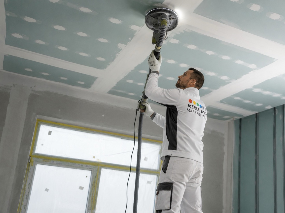 Sanierungsarbeiten: Mitarbeiter schleift eine neu gespachtelte Decke