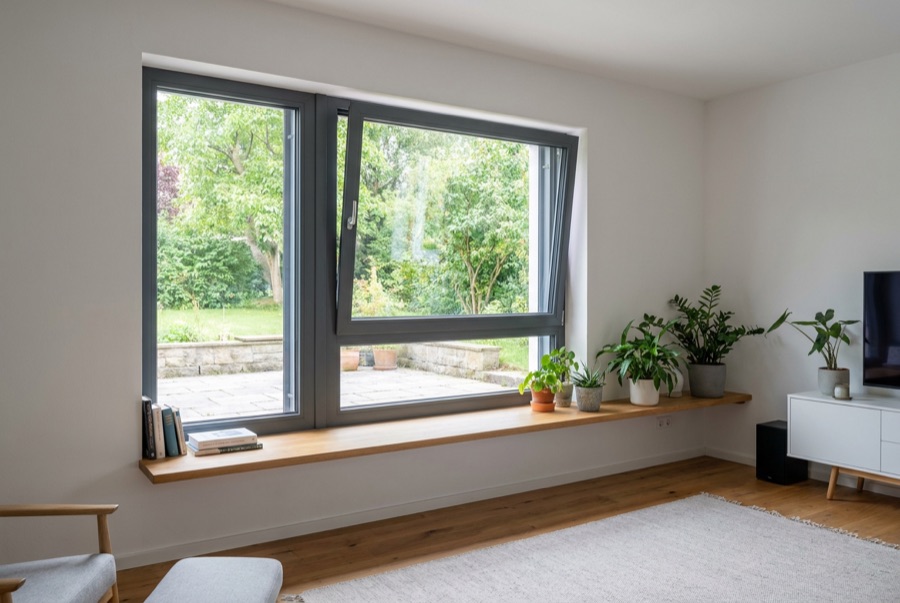 Modernes gekipptes Fenster mit Blick in den Garten