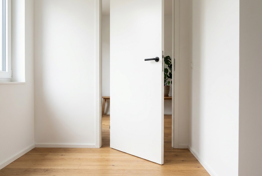 Moderne weiße Innentür mit schwarzem Griff