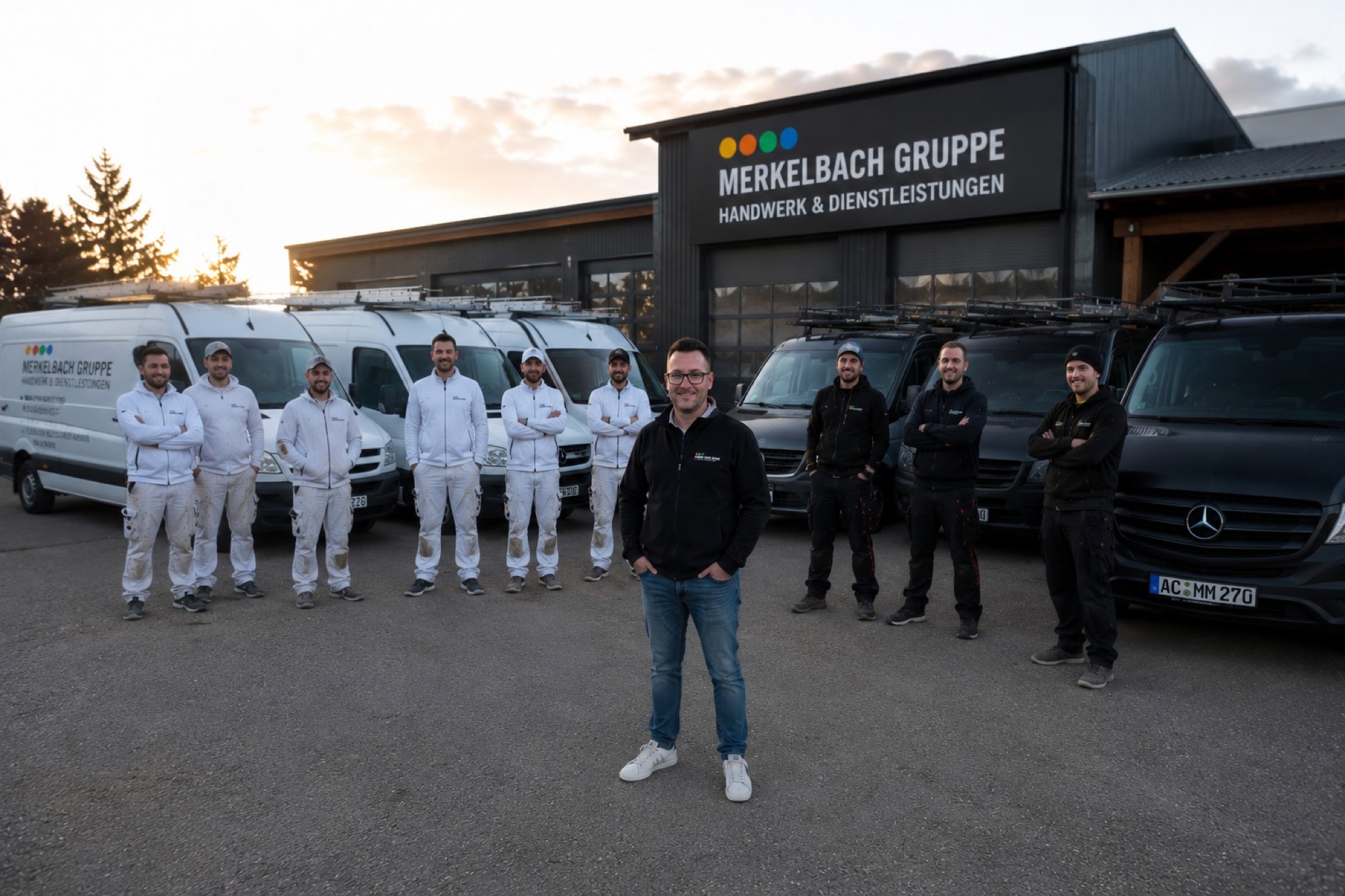 Das Team der Merkelbach Gruppe vor dem Firmengebäude in Alsdorf
