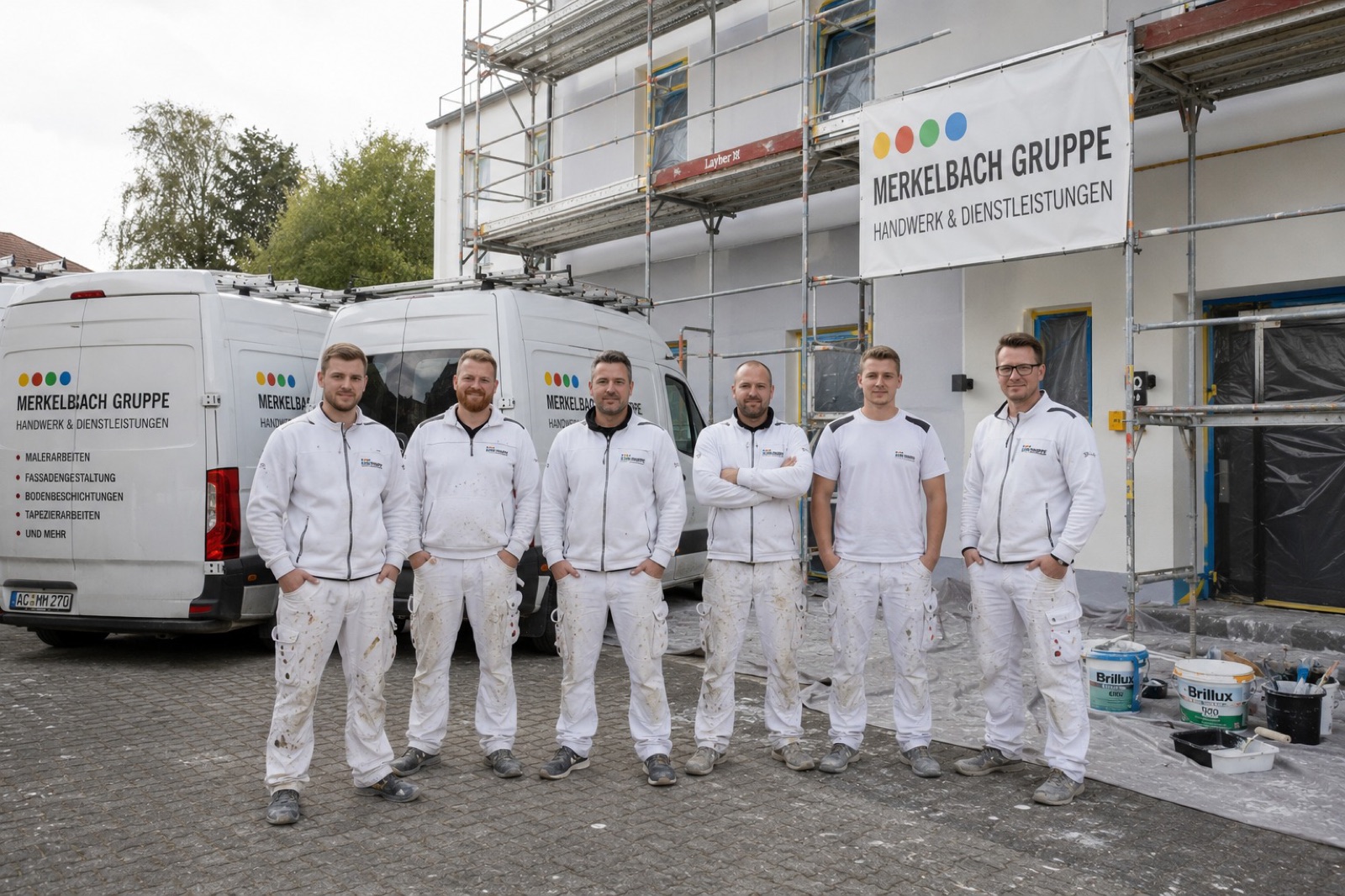 Die Maler der Merkelbach Gruppe in weißer Arbeitskleidung vor dem Firmenwagen