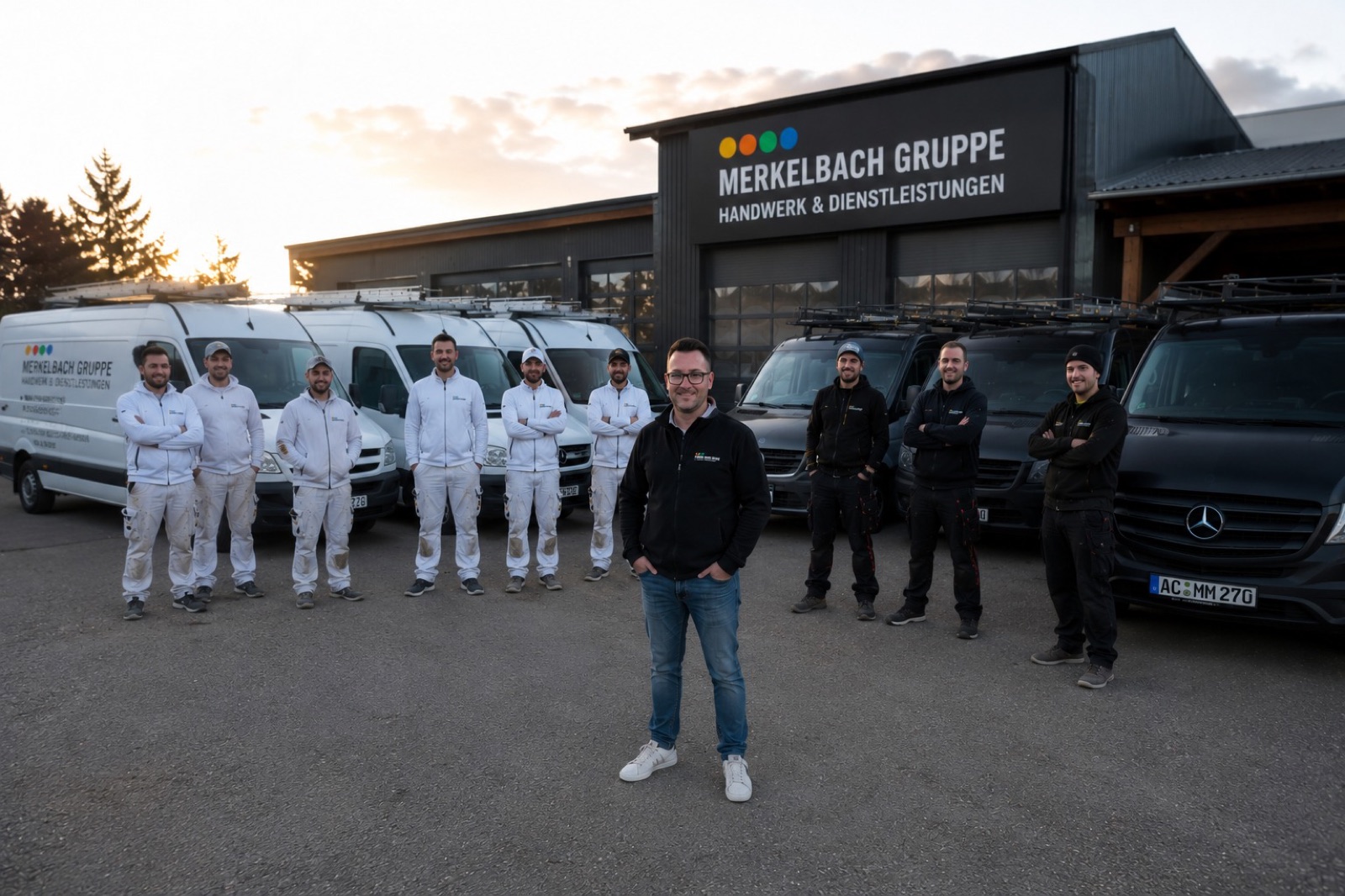 Das Team der Merkelbach Gruppe vor den Firmenfahrzeugen in Alsdorf