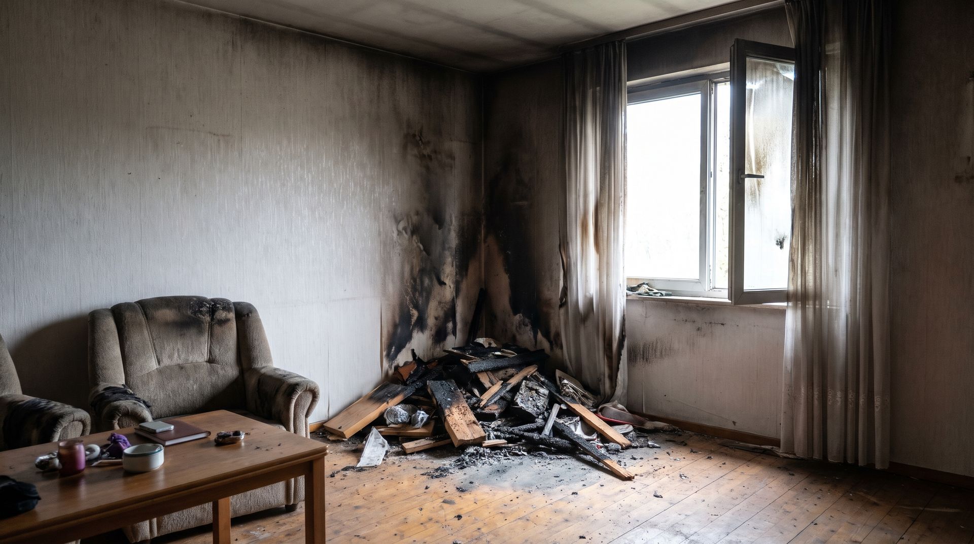 Wohnraum mit verrußten Wänden und Decke nach einem Brand