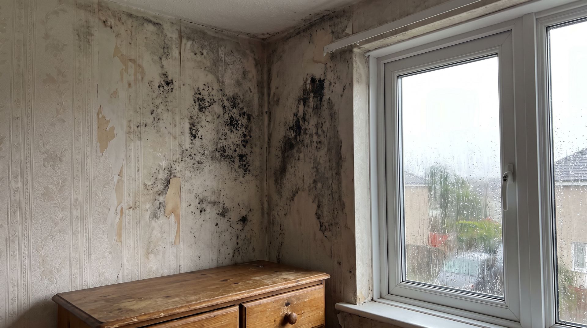 Schimmelbefall in der Zimmerecke neben einem Fenster
