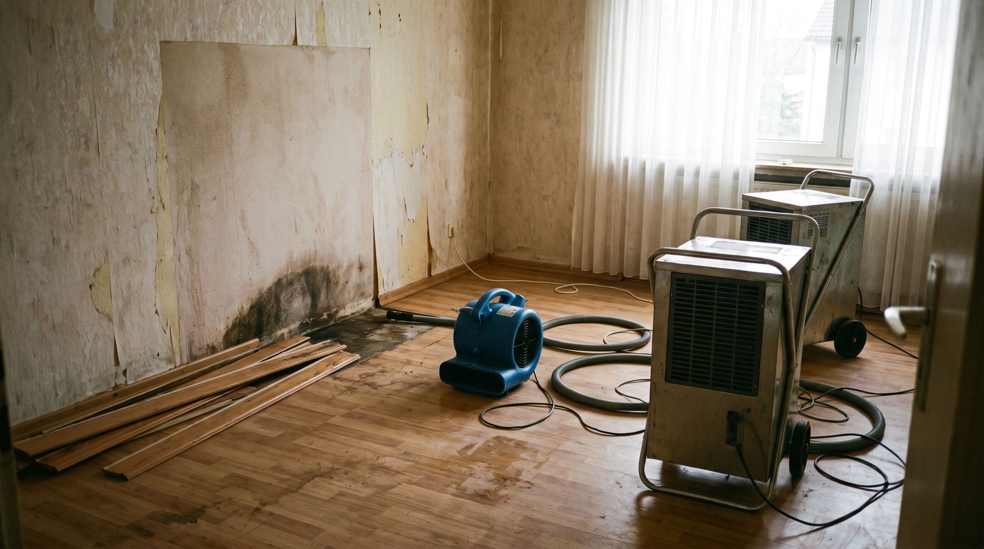 Bautrockner und Ventilator trocknen eine Wohnung nach einem Wasserschaden