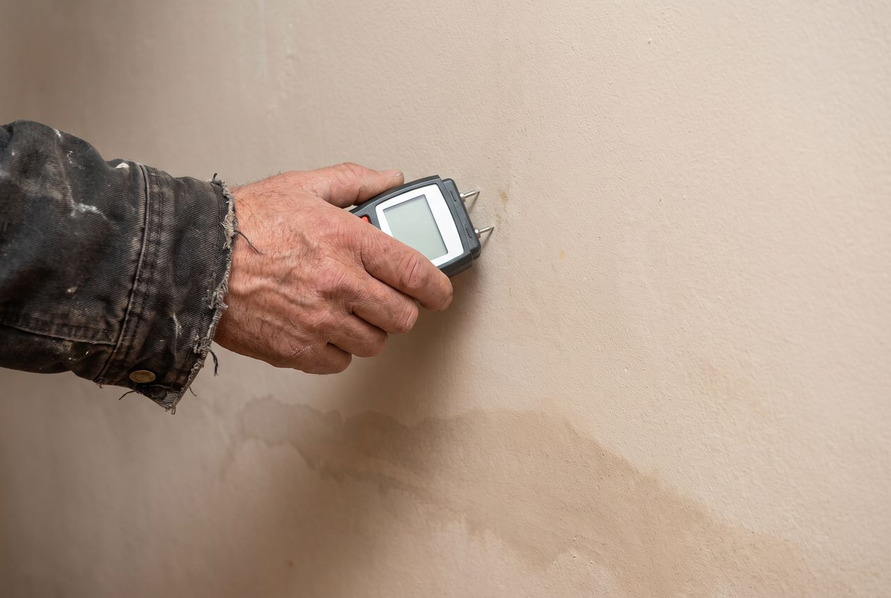 Feuchtemessung an einer nassen Wand nach einem Wasserschaden